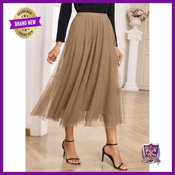Tulle Skirt Elastic High Waist A-Line Layered Midi Date Night - Picture 4 of 8